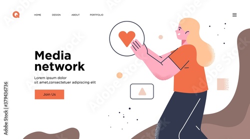 Presentation slide template or landing page website design. Business concept illustrations. Modern flat outline style. Online media