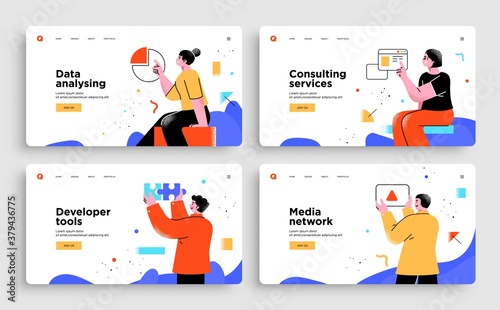 Set of Presentation slide templates or landing page websites design. Business concept illustrations. Modern flat outline style.