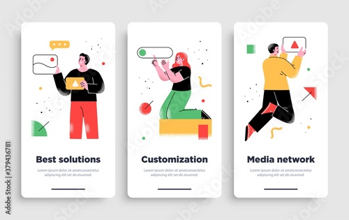 Poster, flyer or mobile application design templates. Business concept illustrations. Modern flat outline style
