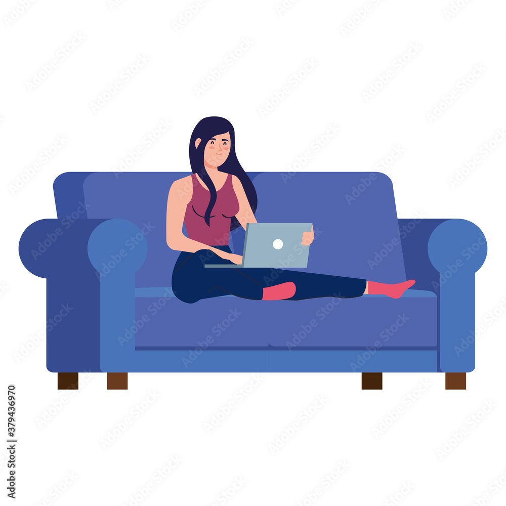 Woman cartoon with laptop on couch working design of Work from home theme Vector illustration Woman cartoon with laptop on couch working design of Work from home theme Vector illustration