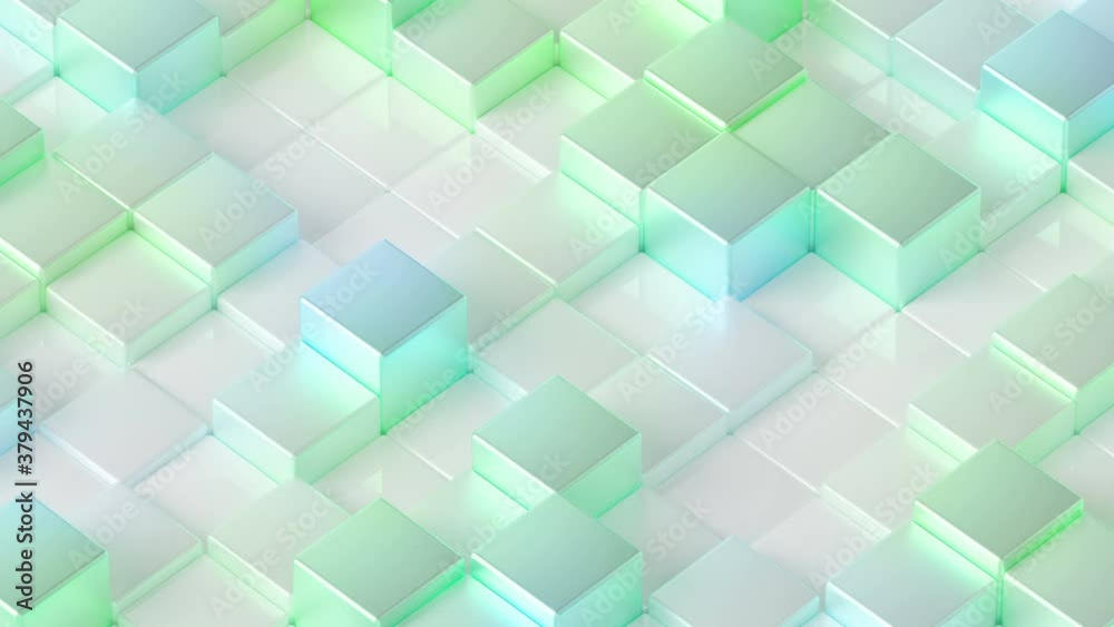 Abstract Motion Cubes Loop 1 Multicolor 3: grid of glossy green, blue and white rounded cubes moving up and down, randomly. Abstract technology. 3D Animation. Seamless loop. 4K