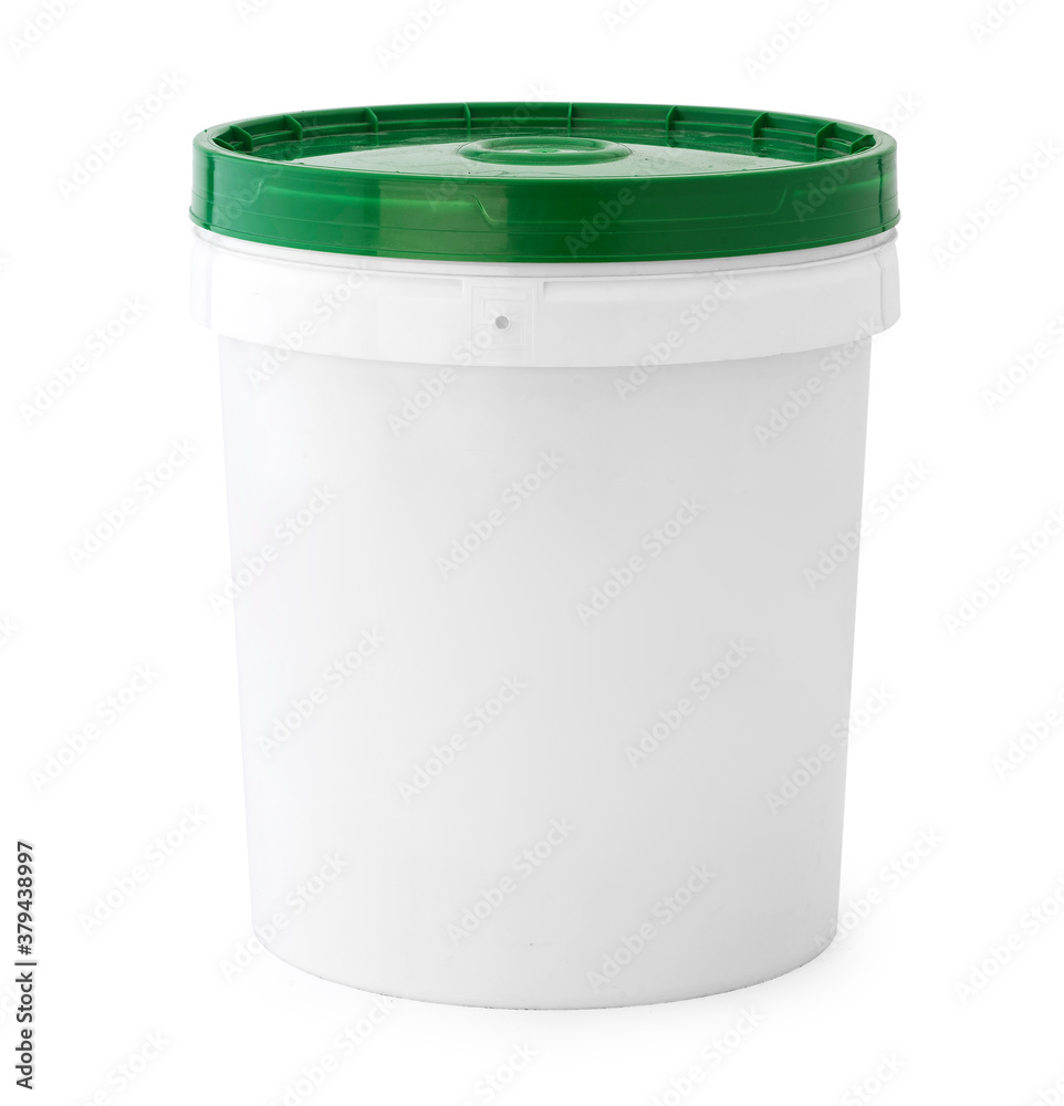 White plastic bucket with green lid isolated on white background, Plastic bucket mockup . White plastic bucket with green lid isolated on white background, Plastic bucket mockup .
