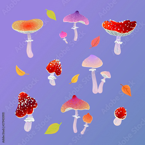 mushrooms, seamless pattern, fly agarics, toadstools, poisonous mushrooms, autumn leaves.