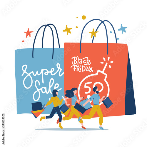 Black Friday Annual Grand Sale Event. Young characters buying things with a big discount. ig paper shoping bag with small customers running to store . Flat vector illustration