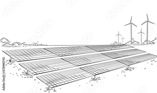 Solar panels and wind turbines or alternative sources of energy. Ecological sustainable energy supply. Vector illustration design.
