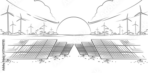 Solar panels and wind turbines or alternative sources of energy. Ecological sustainable energy supply. Vector illustration design.
