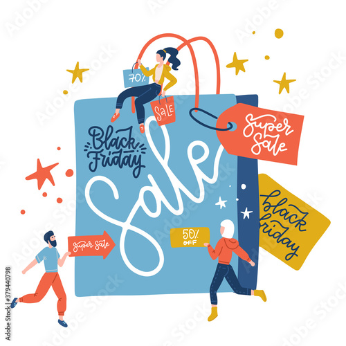 Black Friday sale inscription design template vector flat illustration. Big blue paper bag and small people with purchases, sale signboards. First day of traditional christmas shopping