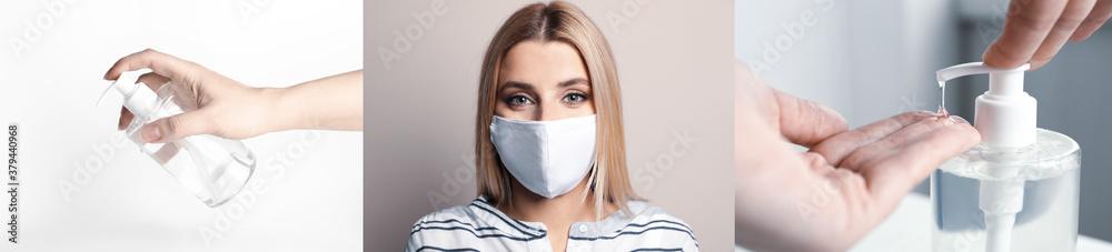 Stop coronavirus spreading. People using sanitizer, washing hands and wearing mask to prevent contamination, banner design Stop coronavirus spreading. People using sanitizer, washing hands and wearing mask to prevent contamination, banner design