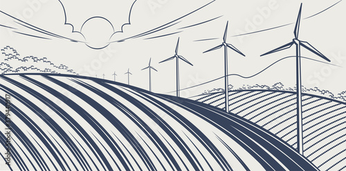 Solar panels and wind turbines or alternative sources of energy. Ecological sustainable energy supply. Vector illustration design.