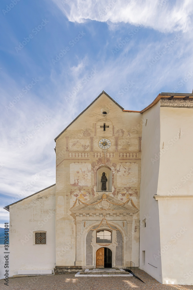 Fototapeta premium Facade of the ancient Benedictine Abbey of Monte Maria (Abtei Marienberg), Burgusio, Malles, South Tyrol, Italy