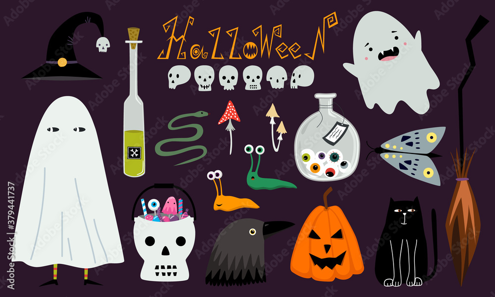 Set of Halloween vector clip art. Black cat, spooky lettering, pumpkin, skull, potion, raven, ghost, trick or treat bucket, moth, broom, witch hat. Vector isolated design elements. Cartoon flat design Set of Halloween vector clip art. Black cat, spooky lettering, pumpkin, skull, potion, raven, ghost, trick or treat bucket, moth, broom, witch hat. Vector isolated design elements. Cartoon flat design