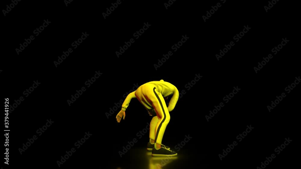 3D render of a athletic man wears yellow sportswear for jumping on the floor. 3D render of a athletic man wears yellow sportswear for jumping on the floor.
