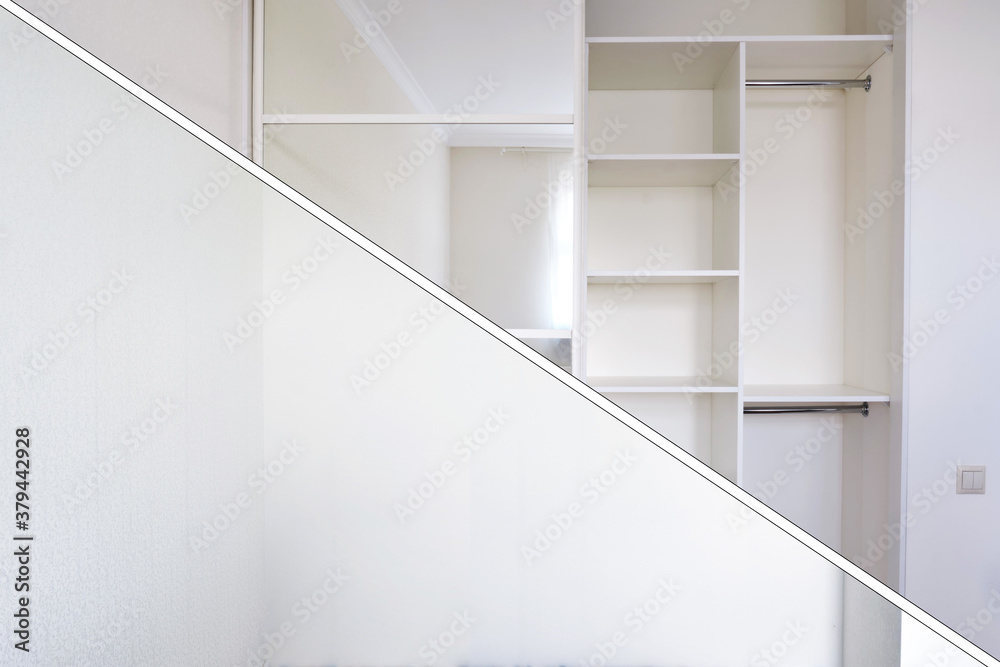 Obraz premium Modern wardrobe in the bedroom - before and after installation. New built-in furniture with mirror and shelves