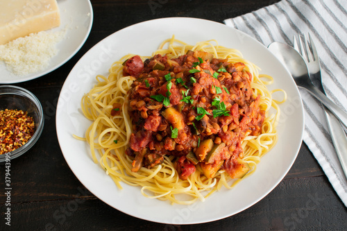 Lentil Bolognese: Vegetarian bolognese sauce made with lentils, zucchini, and mushrooms served over linguine