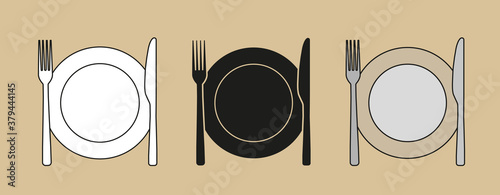 Set of restaurant food icons. Eating utensils set sign. Plate, knife and fork icon. Dinner symbol. Hotel service. Restaurant menu vector.