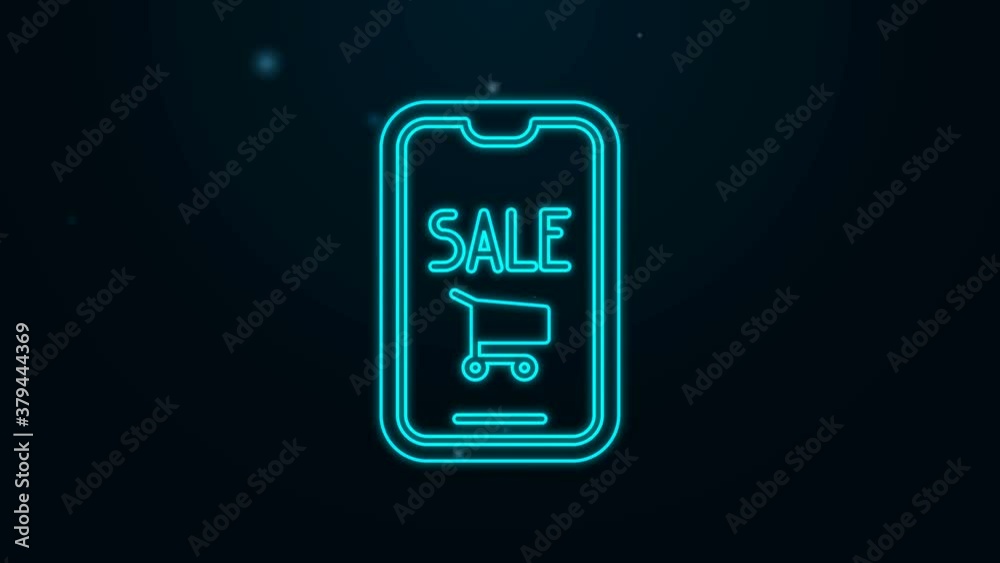 Glowing neon line Mobile phone and shopping cart icon isolated on black background. Online buying symbol. Supermarket basket symbol. 4K Video motion graphic animation Glowing neon line Mobile phone and shopping cart icon isolated on black background. Online buying symbol. Supermarket basket symbol. 4K Video motion graphic animation
