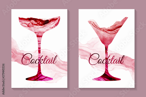 Modern abstract luxury card templates for wine tasting invitation or bar and restaurant menu or banner or presentation with red cocktail glasses in watercolor or marble texture on a white background.