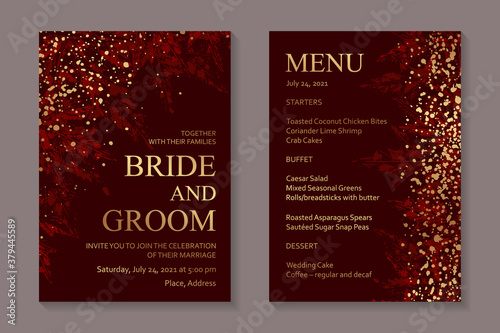 Modern luxury card templates for wedding or bithday greeting or presentation or sale banner with autumn maple leaves prints and golden glitter or paint splashes on a red background.