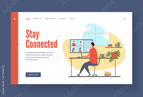 Businessman working at home staying on web communication. Male character communicates with colleagues online