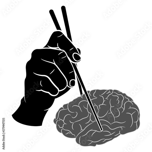 Human hand holding human brain with two chopsticks. Monochrome silhouette. Creative concept.