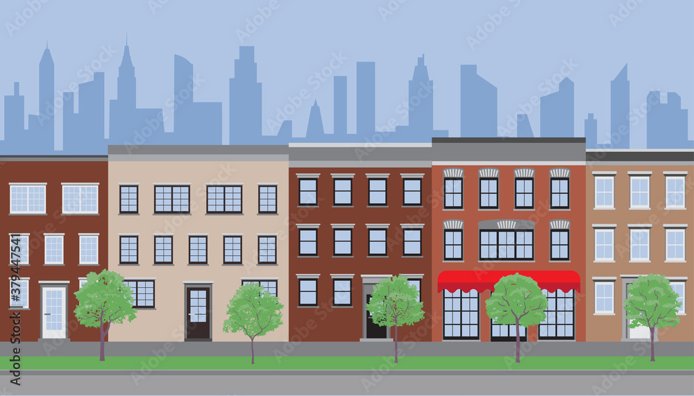 Empty street vector illustration with old houses