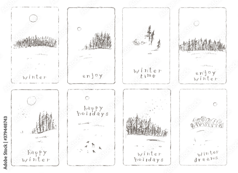 Hand drawn winter landscape card set with forrest, snow field, birds and sun