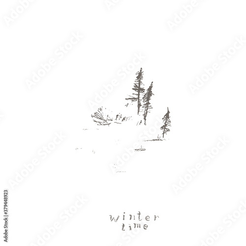 Hand drawn winter landscape with fir trees on the snow field and winter time lettering