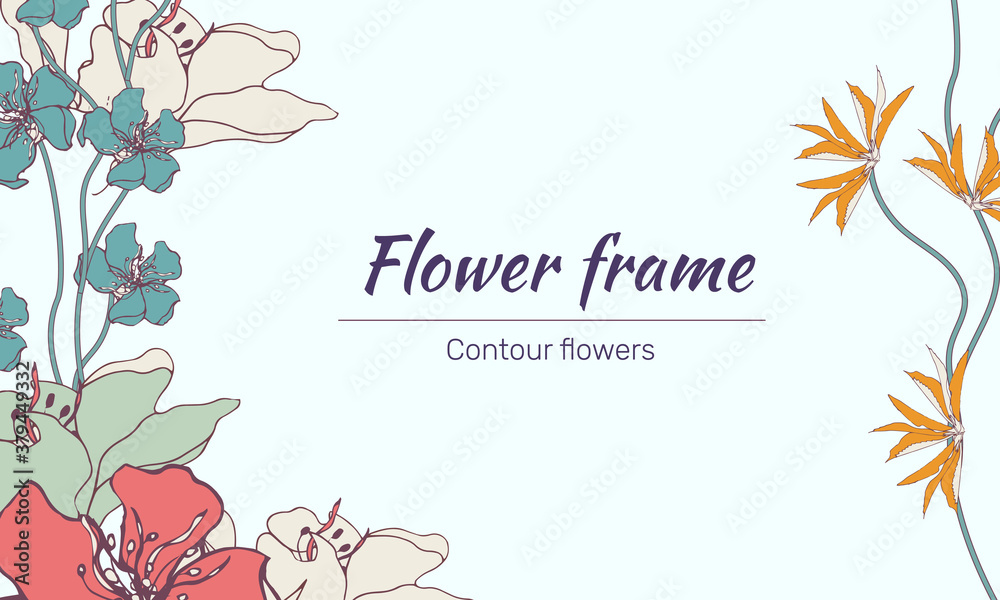 Spring banner with tropical flowers. Vector floral text frame for invitation, congratulations.