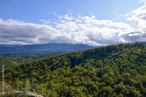 Fototapeta Naklejka Na Ścianę i Meble -  A view of green fields, forests and mountains in the Giant Mountains from above.