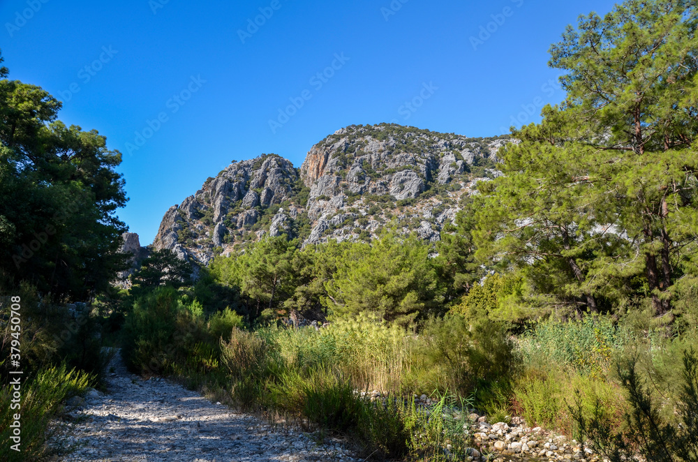 Panoramic view to the rocky mountain range on the Lycian Way, famous tourist pathway in Turkey