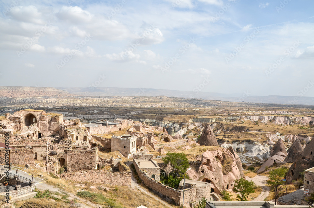 The town of Uchisar from highest building of Cappadocia the Castle Rock, Turkey