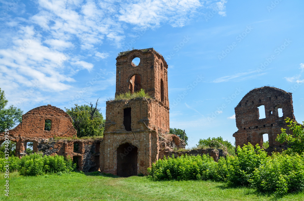 Three storey gate tower, adjoining the ruins of the outer walls of the palace buildings of Korets castle, Ukraine