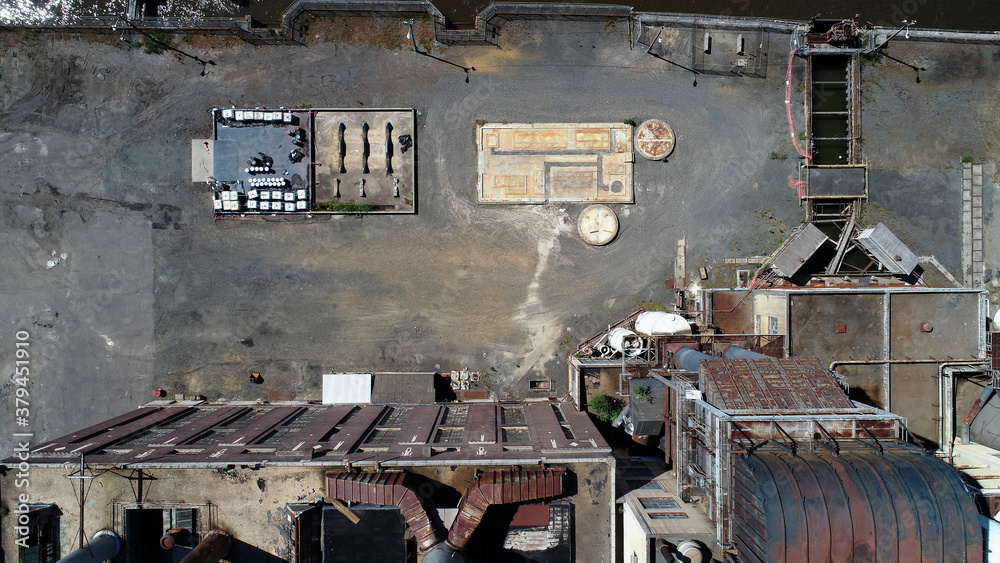 Aerial view of area in front of an old coal power plant