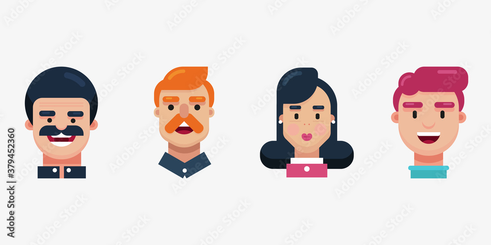 Casual cartoon characters. Isolated office people. Geometric vector set of 4 editable man and woman head icons. Business icons. Perfect for web, card, poster, cover, tag, sticker kit, presentation.