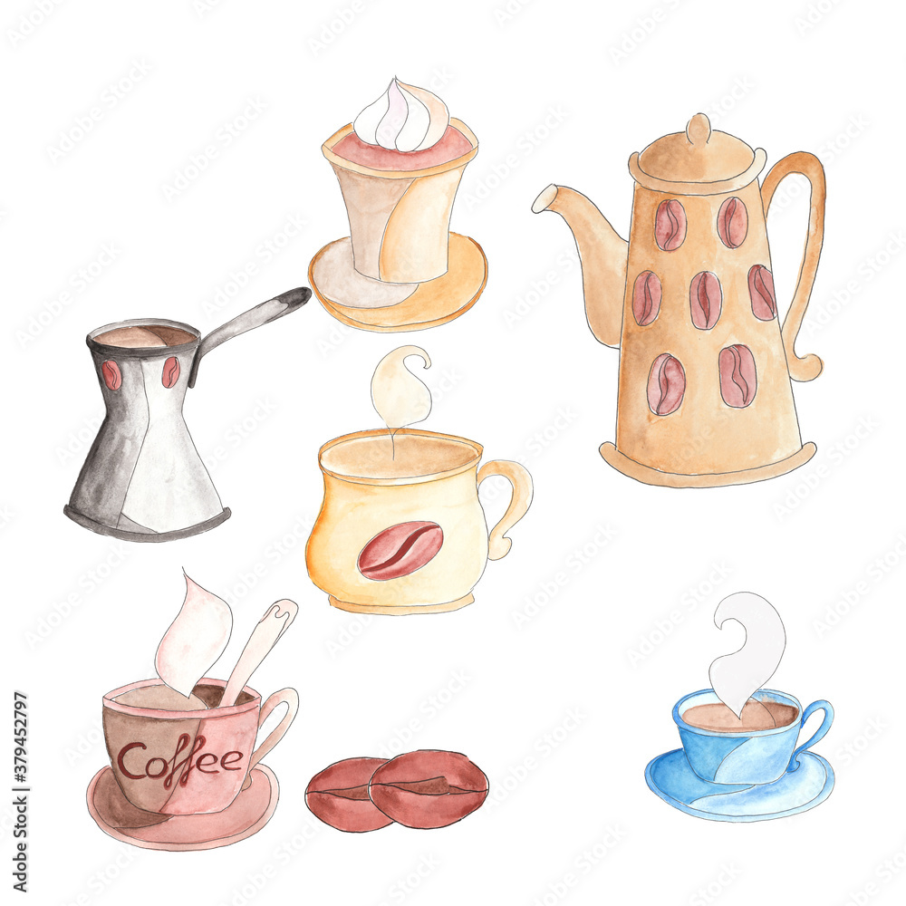 Watercolor coffee clipart.Coffee time.Watercolor coffee set.watercolor coffee clip art.Watercolor Cup of coffee.coffee beans.coffeepot.cream