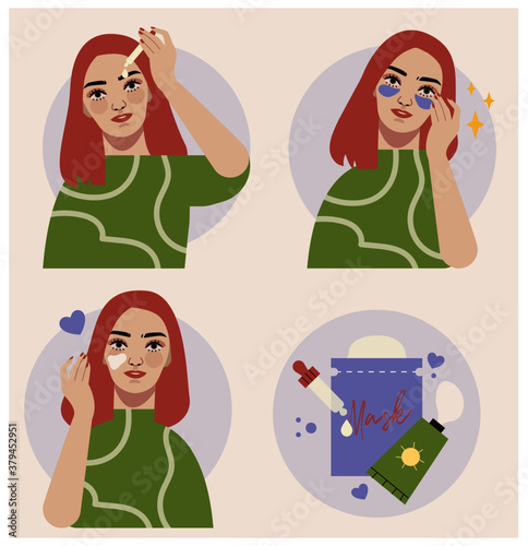 Young woman doing her skincare routine with her beauty products, serum, face cream, eye mask, sheet mask, sunscreen