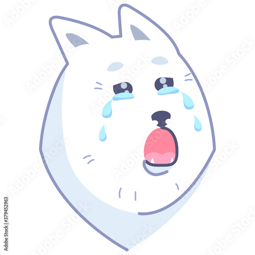 Dog sticker, crying emotion. Sticker Samoyed dog crying. Upset emoticon crying. Emoticon for social networks.