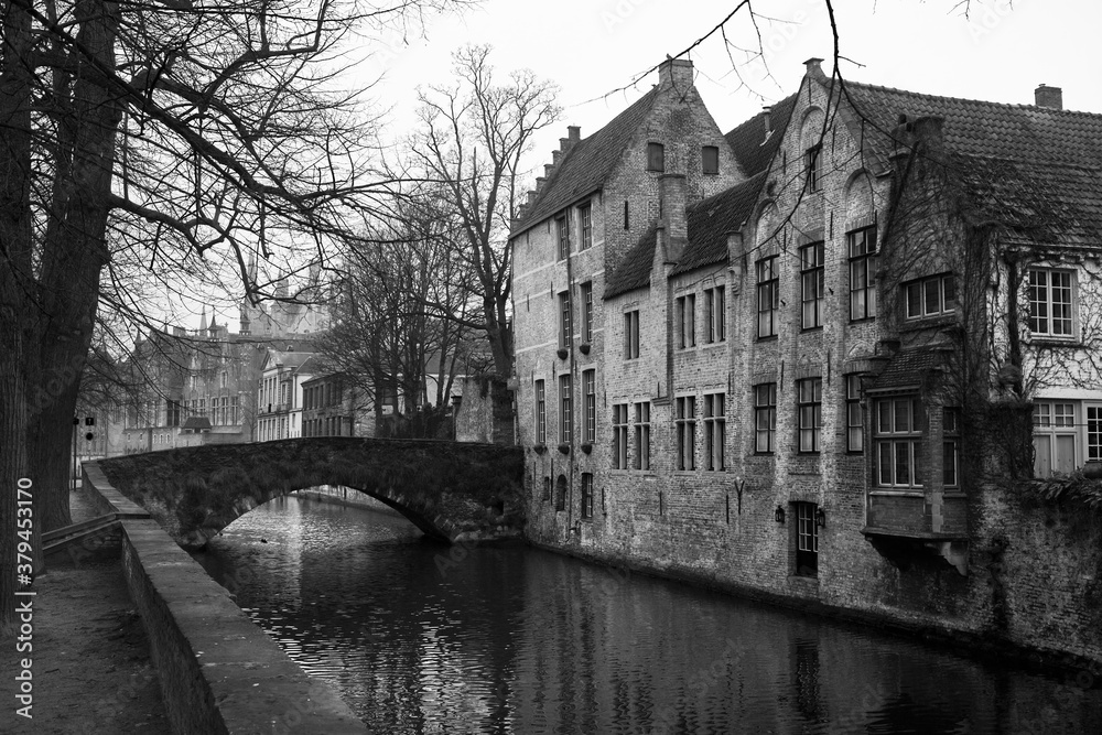 Fototapeta premium A peaceful, timeless scene: an old stone bridge over the Groenerei canal, Brugge, Belgium