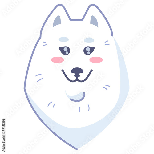 Dog sticker, cute emoticon. Sticker Samoyed dog smile. The pet smiles pretty. Emoticon for social networks. White dog.
