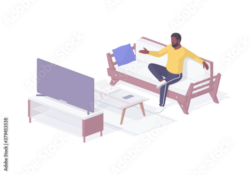 Man at home watching plasma TV isometric illustration. Male character on comfortable sofa immersed favorite show.