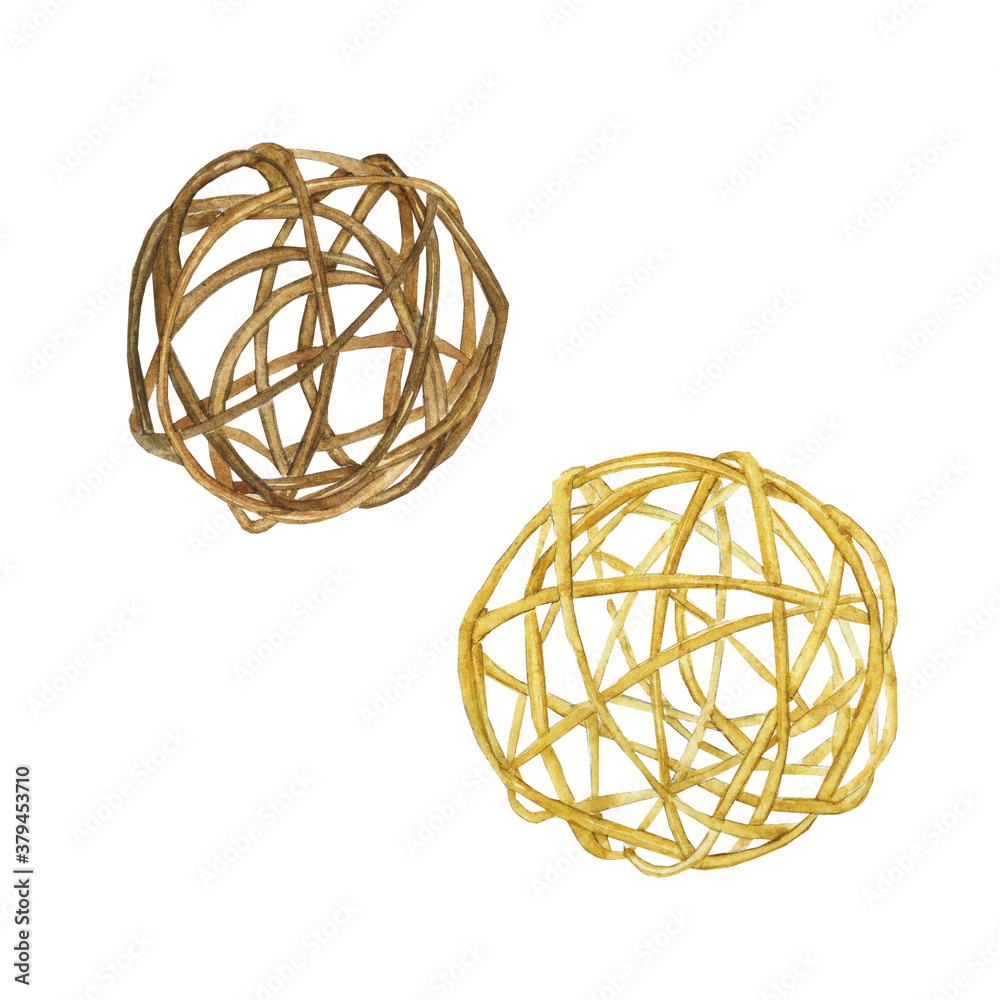 Two rattan or pedig ball yellow and brown isolated on white background. Watercolor hand drawn illustration for home décor, cute wood ball. Perfect for card, print, pattern, cover.