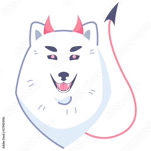 Dog sticker, insidious devil. Emoticon for social networks and messengers. White dog pet. Cute kawaii animal in cartoon style.