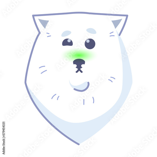 Dog sticker, nausea, green muzzle. Emoticon for social networks and messengers. White dog pet. Cute kawaii animal in cartoon style.