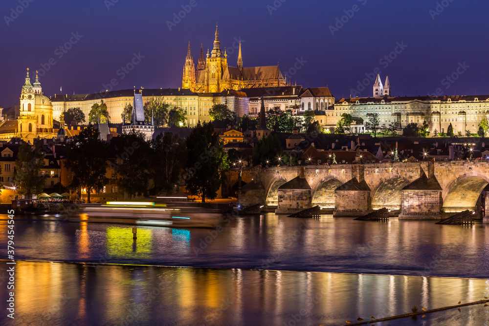 Charles Bridge and St. Vitus Cathedral in Prague at night, Czech Republic