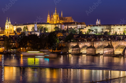Charles Bridge and St. Vitus Cathedral in Prague at night, Czech Republic