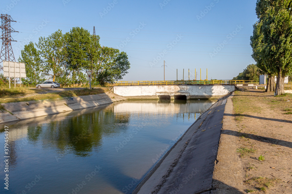 Agricultural canal or irrigation canal in a concrete wall Direct water to the farmer's farmland in arid areas of risky farming