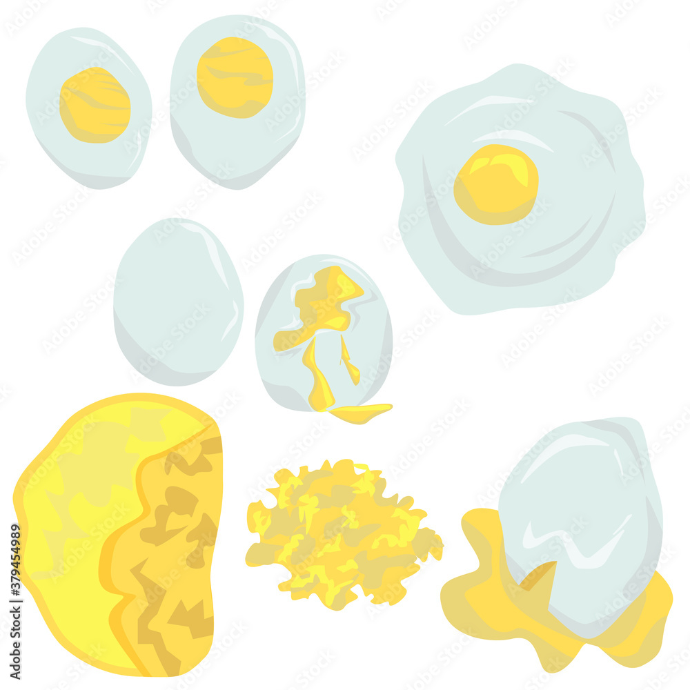 Set of different ways of cooking eggs, poached eggs, soft boiled eggs, fried eggs, omelet, scramble. Healthy organic breakfasts, vector illustration Set of different ways of cooking eggs, poached eggs, soft boiled eggs, fried eggs, omelet, scramble. Healthy organic breakfasts, vector illustration