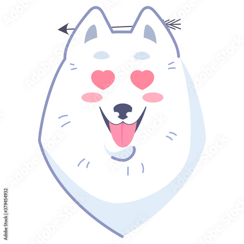 Sticker with a dog, emotion of falling in love. Emoticon for social networks and messengers. White dog pet. Cute kawaii animal in cartoon style.