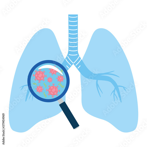 Covid 19 virus with lupe on lungs design of 2019 ncov cov coronavirus infection and corona theme Vector illustration