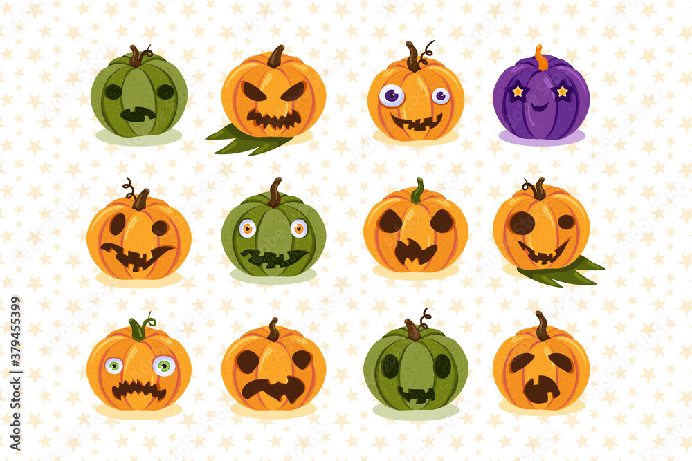 Set of scary pumpkins, halloween holiday symbols Set of scary pumpkins, halloween holiday symbols